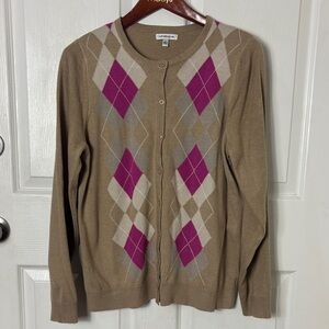 Croft &Barrow Argyle Tan Cardigan Sweater button up round neck size Large Preppy